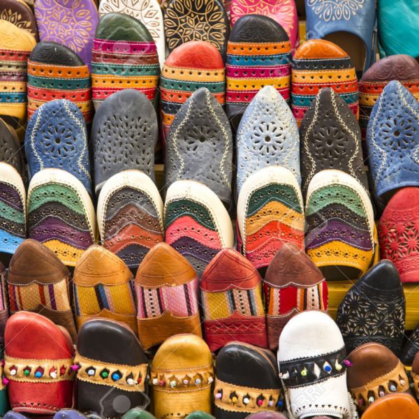 Colorful babiuches at souk in Fez, Morocco