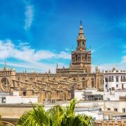 Panoramic aerial view of Sevilla in a beautiful summer day, Spain