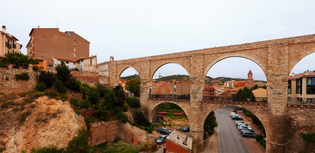 Los Arcos aqueduct in summer. Teruel, Aragon